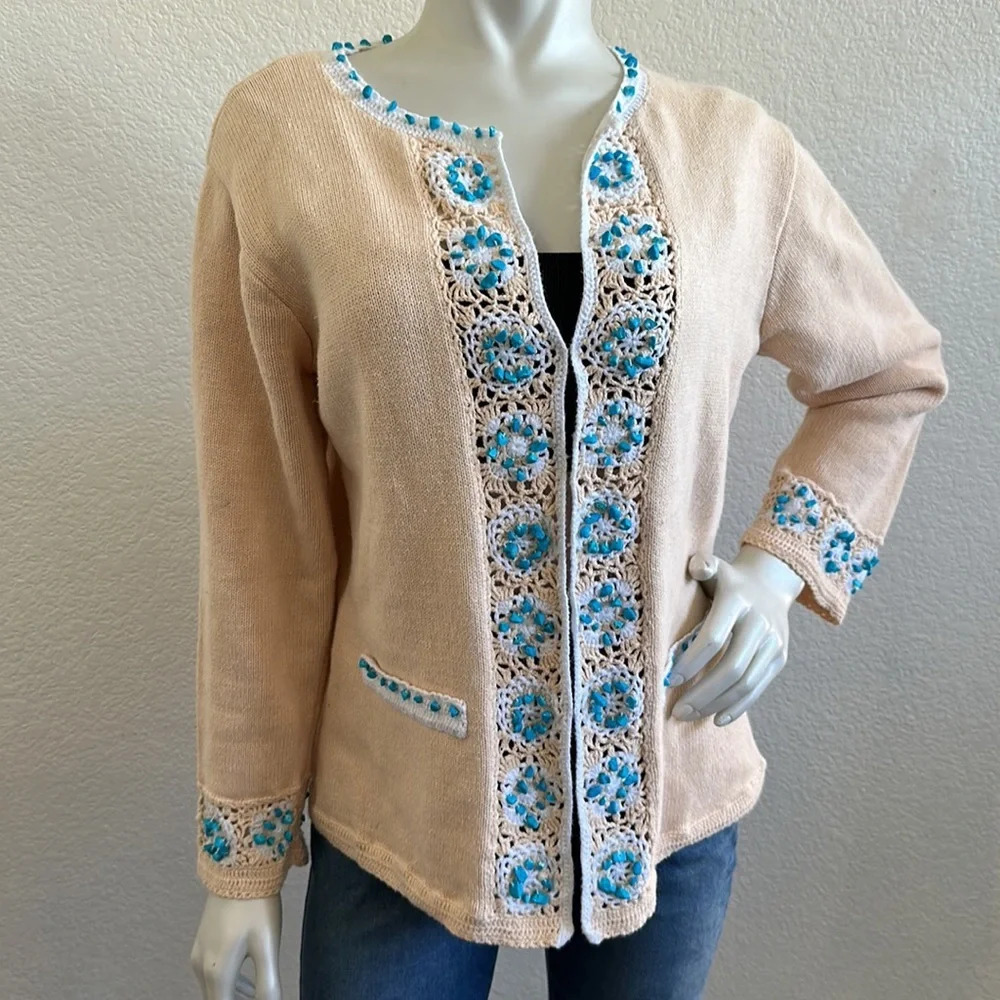 Storybook Knits Vintage Turquoise Crochet Cardigan